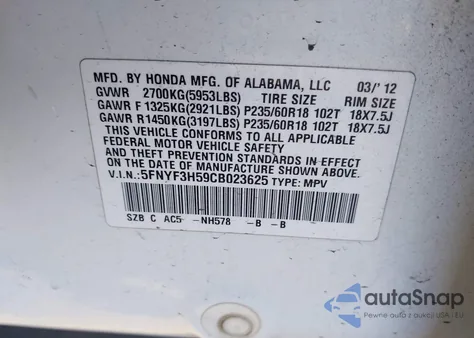 2012 Honda Pilot Ex-L z USA, uszkodzony, nr VIN 5FNYF3H59CB023625